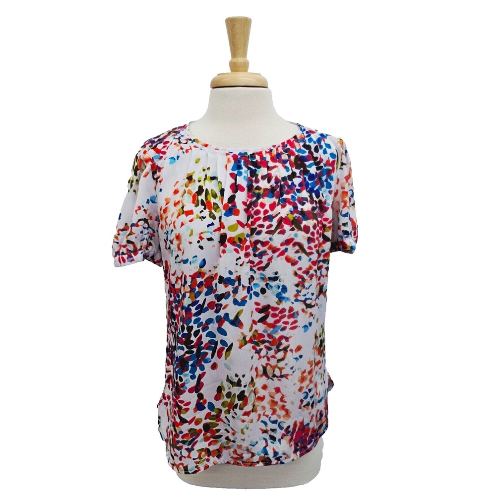 Liz Claiborne Colorful Short Sleeve Pleated Blouse Top Womens Size M White Multi